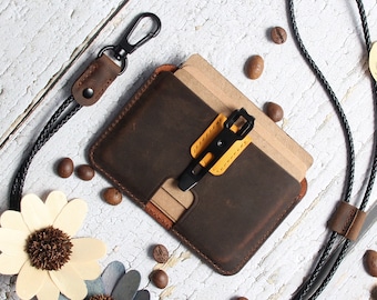 Personalized Crazy Horse Leather Card Holder, Custom ID Badge Holder, Work Office Accessory