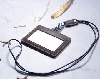 Personalized Leather Badge Holder and Lanyard, ID Card Holder with Pocket, Corporate Office Gift