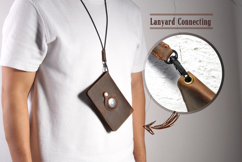 May include: A brown leather phone case with a lanyard attached. The case has a circular cutout on the back. The lanyard is connected to the case with a metal clasp. "Lanyard Connecting" is written on the image.