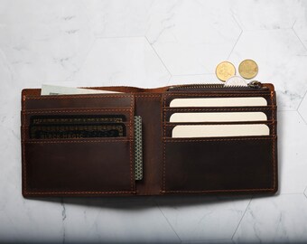 Personalized Leather Wallet, Engraved Slim Mens Wallet with Coin Pouch, Birthday Gift For Him, Husband, Boyfriend, Father
