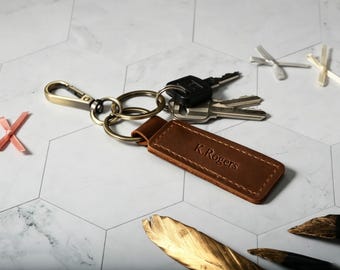 Custom Engraved Genuine Leather Keychain, Handmade Vintage Key Fob Strap, New Car & Anniversary Gift for Men