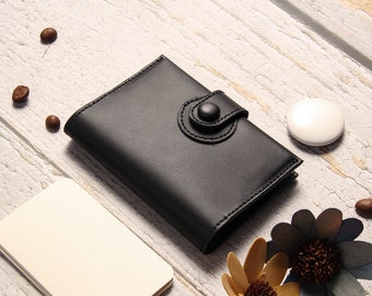 Personalized Leather Card Holder Wallet with Airtag- Secure Snap Closure, Birthday Gift