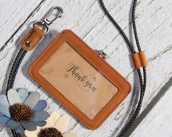 Custom Full Grain Leather ID Badge Holder, Personalized Initials (Lanyard Not Included)