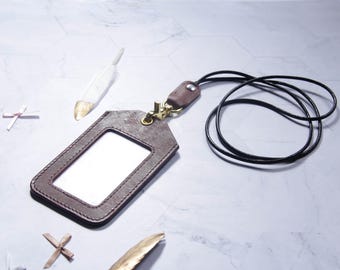 Custom Leather ID Badge Holder with Lanyard, Personalized ID Card Holder, Coworker Gifts, Father's Day Gift