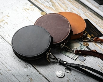 Handmade Leather Zipper Coin Purse,Personalized Round Change Pouch with Wrist Strap,Gifts for Her