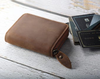 Personalized RFID Card Holder, Leather Wallet, Custom Travel Zipper Wallet Card Storage, Gift for Him