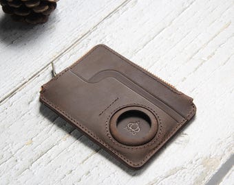 Full Grain Leather Airtag Coin Purse Keychain, Zippered Pouch, Card Holder
