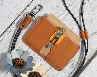 Back to school gift Customizable Badge & Card Holder: Stylish Crazy Horse Leather with Card Slot, Lanyard Support,Teachers Name Gift