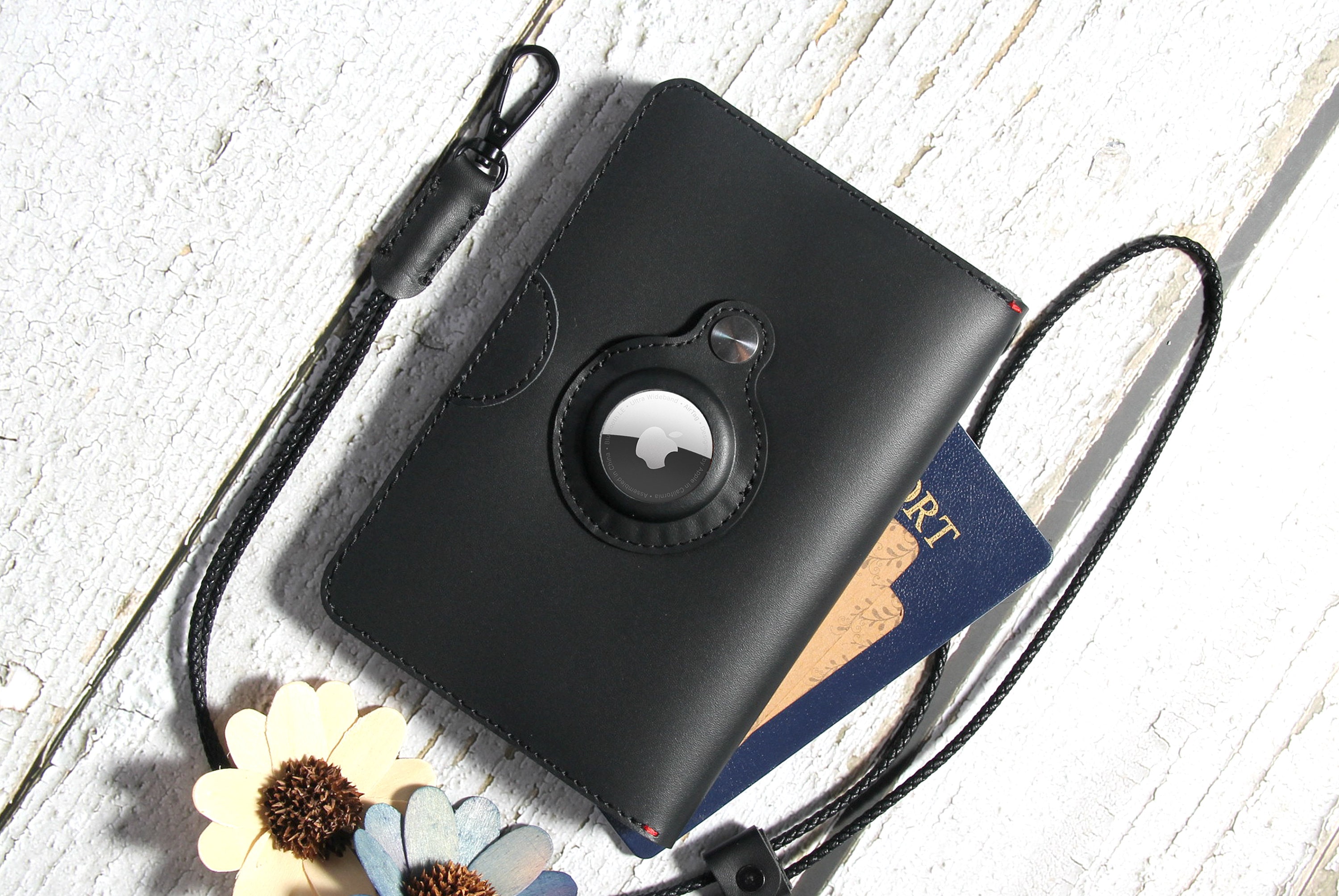 Custom Genuine Leather AirTag Passport Holder and Wallet For Men and Women For Secure Traveling and Documentation Organizer |BLACK|