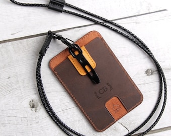 Tarjetero de identificación personalizado de cuero de grano completo: Cartera para credenciales de oficina