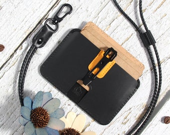 Personalized vegetable-tanned leather Badge Holder with Cards Slot and Metal Clip - The Ultimate ID Badge Holder |Black|