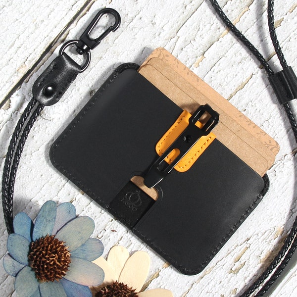 Personalized vegetable-tanned leather Badge Holder with Cards Slot and Metal Clip - The Ultimate ID Badge Holder |Black|