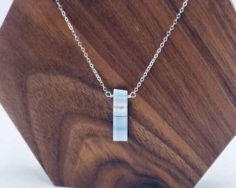 Blue Grey Boulder Opal Piano Tile Necklace in Sterling Silver - Rectangle Gemstone Pendant - Vertical Bar Necklace