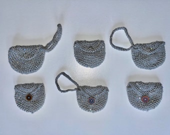 Crocheted Coin Purse - Small Crocheted Wristlet - Sparkly Silver Crocheted Small Pouch