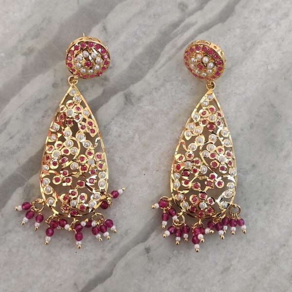 Gold plated artisan handcrafted Jadau Chandbaali earring/ruby color stone/pearl bead indian bridal earring/lightweight.