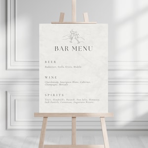 Marmurowe tło Weselny Bar Menu Znak | Edytowalny szablon | Szablon Canva Ślubny | Prosty Czarno Biały Minimalistyczny Weselny Znak