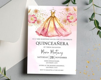 Plantilla de invitaciones de quinceañera, vestido rosa de quinceañera, invitación de quinceañera, invitación de princesa, invitación dulce 16, acuarela floral