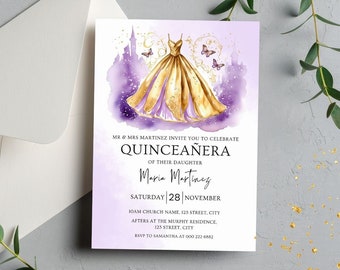 Invitación princesa quinceañera, invitación princesa, vestido de quinceañera, mariposa de oro púrpura lavanda, cumpleaños de invitación de cuento de hadas