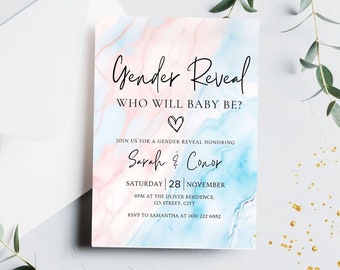 Plantilla de invitación de revelación de género de mármol, invitación a fiesta de revelación de género boho, él o ella, niño o niña, revelación de bebé, mármol de acuarela azul rosa