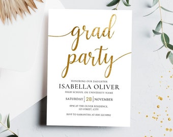 Plantilla de invitación de graduación, invitación a la fiesta de graduación, fiesta de graduación, invitación imprimible, guión de lámina de oro, invitación digital