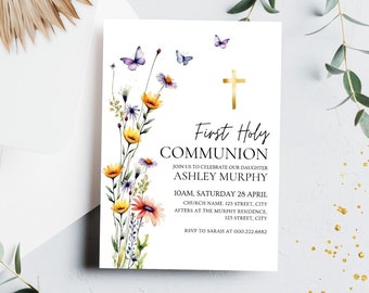 Plantilla de invitación de primera comunión de flores silvestres, invitación de comunión de niña, invitación de primera comunión imprimible, invitación floral niña