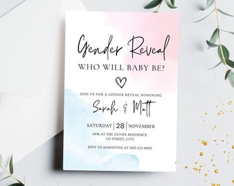 Plantilla de invitación de revelación de género, invitación a fiesta de revelación de género, él o ella, niño o niña, revelación de bebé, rosa o azul, baby shower editable