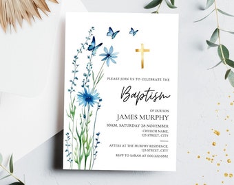 Plantilla de invitación de bautismo, niño de invitación de bautismo azul, invitación de bautismo imprimible, acuarela floral, invitación de bautizo editable