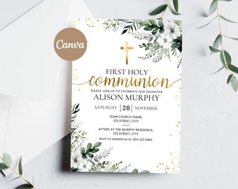 Plantilla de invitación de primera comunión, invitación de comunión de acuarela de flores, invitación imprimible de primera comunión, vegetación, lámina de oro
