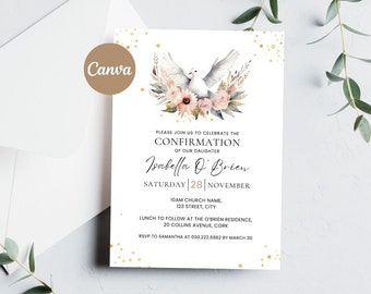 Plantilla de invitación de confirmación para niña, invitación de confirmación rosa, invitación imprimible de niña de confirmación, fiesta de confirmación, editable