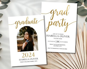 Plantilla de anuncio de graduación, plantilla de invitación de graduación, invitación a fiesta de graduación, invitación a fiesta de graduación de lámina dorada 2024, invitación a graduación