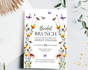 Plantilla de invitación de despedida de soltera de flores silvestres, invitación de brunch nupcial, invitación de despedida de soltera imprimible, invitación floral de acuarela