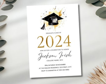 Plantilla de invitación de graduación de la clase de 2024, invitación a la fiesta de posgrado, invitación a la fiesta de graduación de lámina dorada, graduación universitaria 2024, acuarela