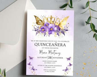 Plantilla de invitación de Quinceañera, Corona de Quinceañera, Invitación de oro y lavanda, Tiara de Quinceañera, Invitación de Quinceañera, Invitación Lila