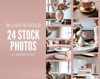 Paquete de fotos de stock de rubor y oro / Trabajo desde casa / Fotos de stock rosas / Redes sociales de rubor / Imágenes de blog / Marketing sin rostro / Tema rosa