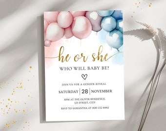 Plantilla de invitación de revelación de género, invitación a fiesta de revelación de género boho, él o ella, niño o niña, revelación de bebé, globos de acuarela, azul o rosa