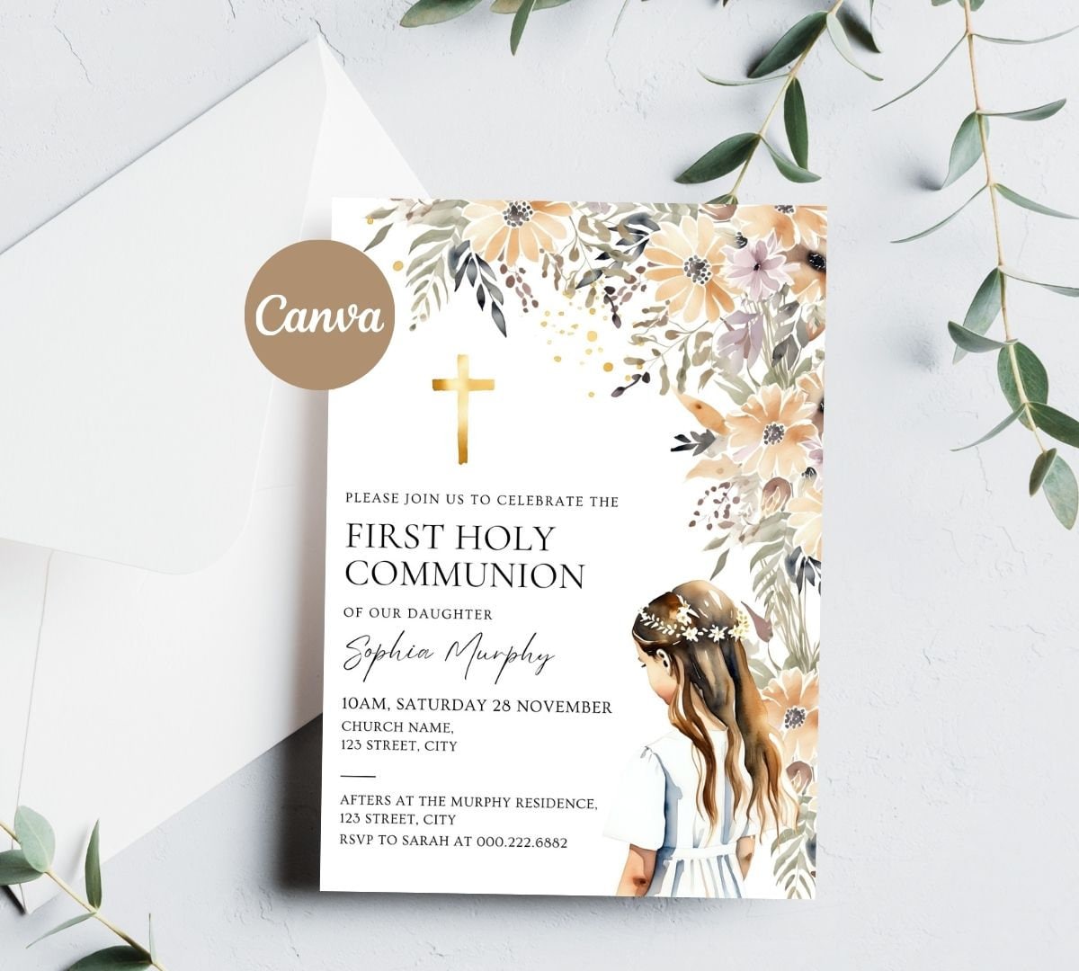 First Communion Invitation Template, Flower Watercolor Printable ...
