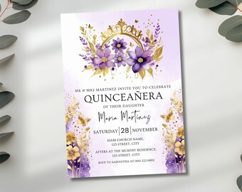 Plantilla de invitación de quinceañera, corona de quinceañera, invitación de oro y lavanda, tiara de quinceañera, mariposa de invitación de quinceañera púrpura