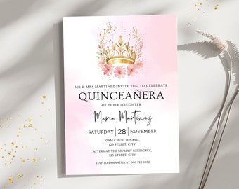 Plantilla de invitaciones de quinceañera, tiara de quinceañera, invitación de quinceañera, invitación de quinceañera, invitación de princesa rosa, invitación dulce 16