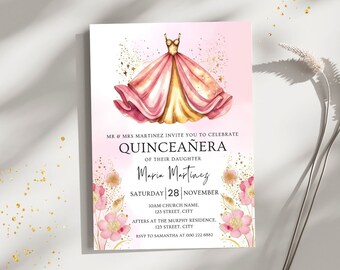 Plantilla de invitación de quinceañera, vestido rosa de quinceañera, invitación de princesa de quinceañera, invitación de princesa rosa y oro, invitación de cumpleaños
