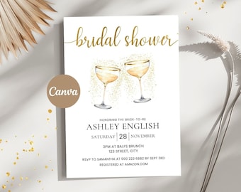 Plantilla de invitación de despedida de soltera, invitación de brunch nupcial de oro, invitación de despedida de soltera imprimible, invitación de brunch con champán, plantilla Canva