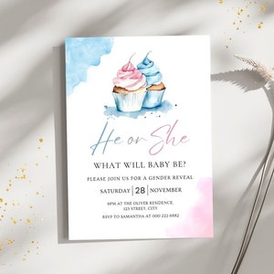 Baby Gender Reveal Einladung Vorlage, Cupcake Gender Reveal Party einladen, Er oder Sie, Junge oder Mädchen, Baby Reveal, Rosa Blau Babyparty
