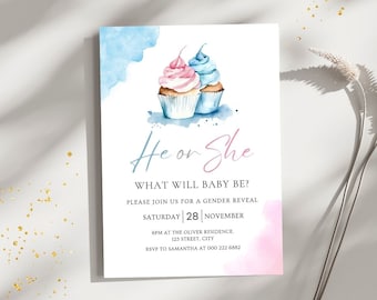 Baby Gender Reveal Einladung Vorlage, Cupcake Gender Reveal Party einladen, Er oder Sie, Junge oder Mädchen, Baby Reveal, Rosa Blau Babyparty