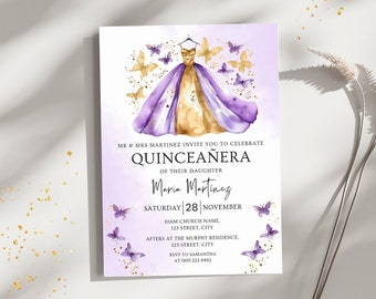Plantilla de invitación de quinceañera morada, vestido de quinceañera, invitación de lavanda, mariposa morada, invitación de quinceañera, invitación lila