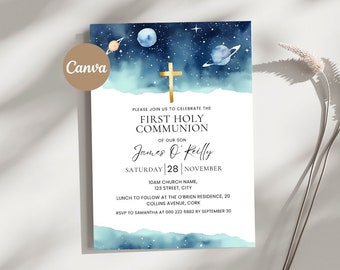 Invitación Primera Comunión Niño, Plantilla de Invitación Imprimible, Niño Primera Comunión, Invitación Comunión Azul y Oro, Invitación Digital