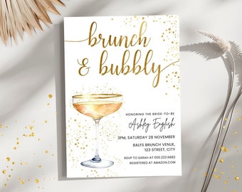 Plantilla de invitación de brunch de cumpleaños, invitación de despedida de soltera, brunch y champán, invitación de brunch nupcial de champán dorado, invitación imprimible