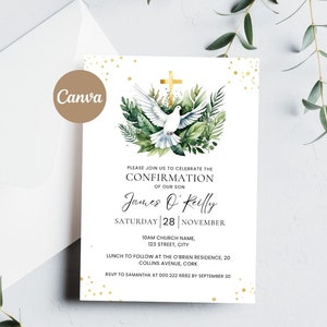 Modèle d'invitation de confirmation, invitation de confirmation de verdure et d'or, faire-part imprimable garçon, fête de la confirmation, Saint-Esprit