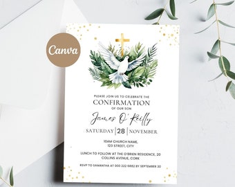 Plantilla de invitación de confirmación, invitación de confirmación de vegetación y oro, niño de invitación imprimible, fiesta de confirmación, Espíritu Santo