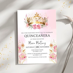 Quinceanera Invitations Template, Quinceañera Crown, Quince Invitation Quinceañera tiara, Quinceanera Invite, Princess invitation Pink