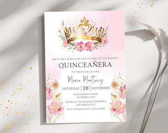 Plantilla de invitaciones de quinceañera, corona de quinceañera, invitación de quinceañera tiara de quinceañera, invitación de quinceañera, invitación de princesa rosa