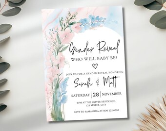 Plantilla de invitación de revelación de género de flores silvestres, invitación a fiesta de revelación de género boho, él o ella, niño o niña, revelación de bebé, acuarela azul rosa